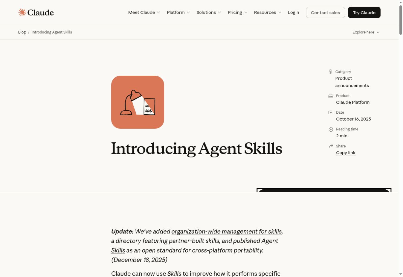 Agent Skills 发布页；页面同时记录 12 月开放标准的更新｜网页实拍，2026-09-08